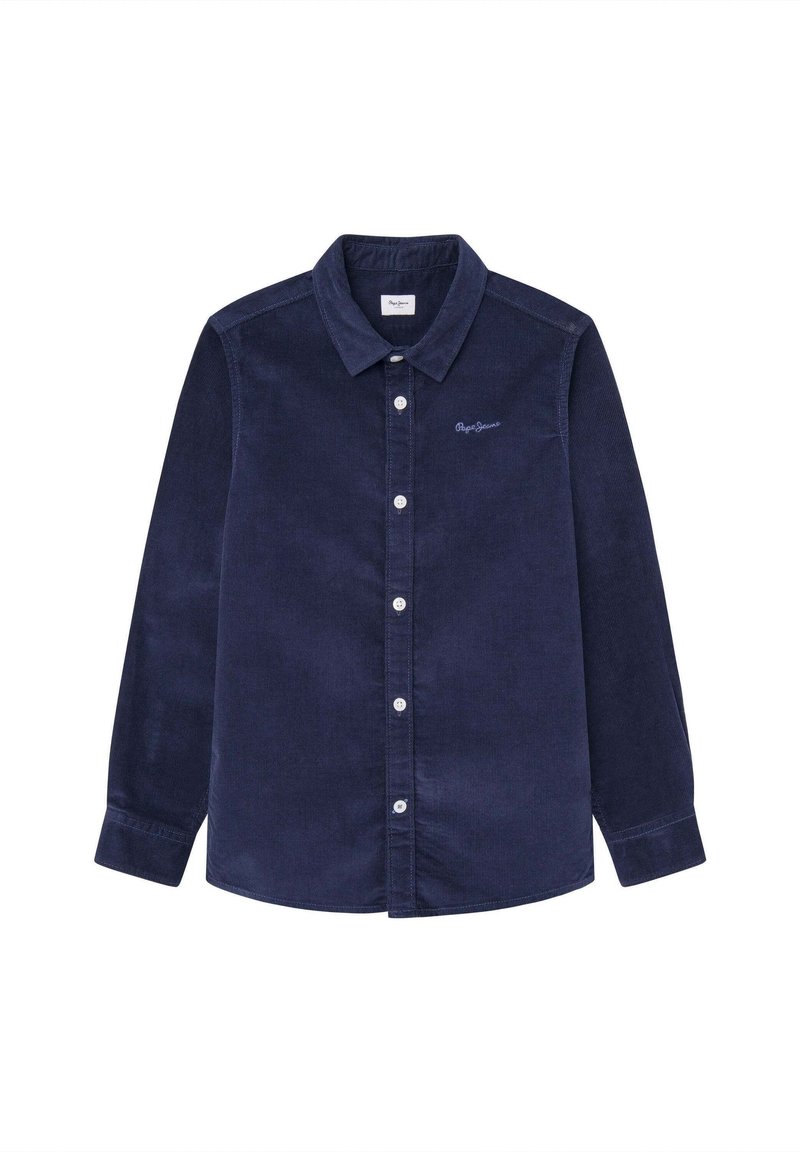 Chemise en velours côtelé bleu marine à manches longues avec boutons blancs et un petit logo brodé sur la poitrine gauche.