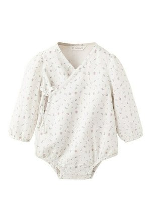 Biele detské dupačky s dlhými rukávmi s malým kvetinovým vzorom, prekríženým predným dielom, bočným viazaním a patentmi na spodnej časti.