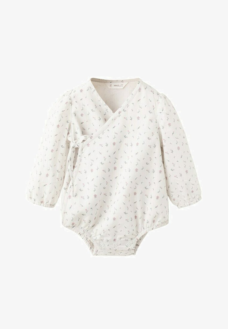 Biele detské dupačky s dlhými rukávmi s malým kvetinovým vzorom, prekríženým predným dielom, bočným viazaním a patentmi na spodnej časti.