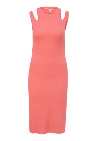 Midl gown bez rękawów w kolorze koralowym, z odkrytymi ramionami i dopasowanym krojem. Gładka tekstura z prostym dołem.