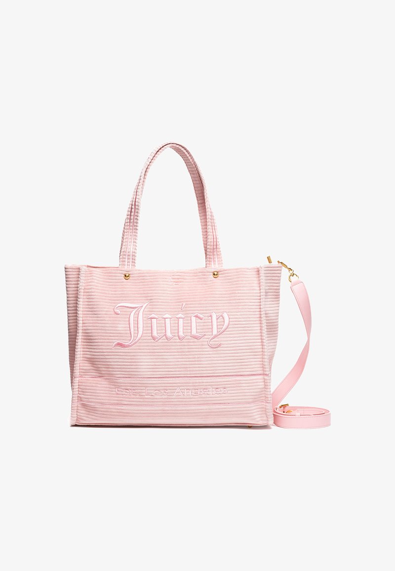 Borsa tote in velluto a coste rosa con logo "Juicy" ricamato, manici piatti, tracolla rimovibile, dettagli in metallo dorato e superficie strutturata.
