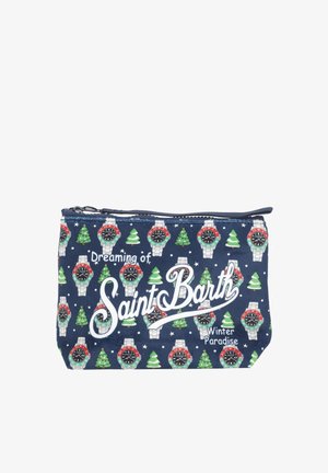 Borsello navy con motivi di albero di Natale e orologio da polso, testo "Sognando il Paradiso Invernale di Saint Barth" in scrittura bianca.