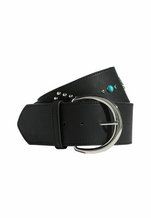 Schwarzer Leder-Gürtel mit silberner runder Schnalle, verziert mit silbernen Nieten und einem türkisfarbenen Akzent. Strukturiertes Finish, konische Form.