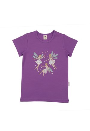 Purple short-sleeve t-shirt with three fairies wearing white dresses and blue wings surrounded by small stars on the front.