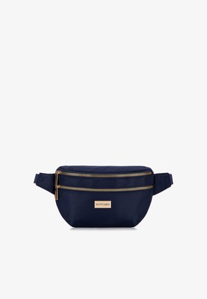 Navy waist bag made of nylon with two golden zippered compartments and a branded metal plate. Features adjustable strap for secure fit.