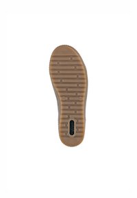 Semelle de chaussure, matériau en caoutchouc, marron clair avec un motif texturé de rainures horizontales et verticales, arborant un logo noir au centre.