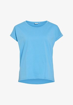 Lyseblå kortærmet t-shirt i blødt stof med rund halsudskæring og en let længere bagkant med en afslappet pasform.