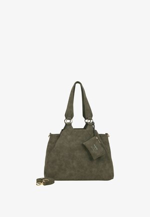 Borsa tote in ecopelle verde oliva con hardware dorato, manici corti e pochette removibile. Finitura texturizzata e forma angolare.