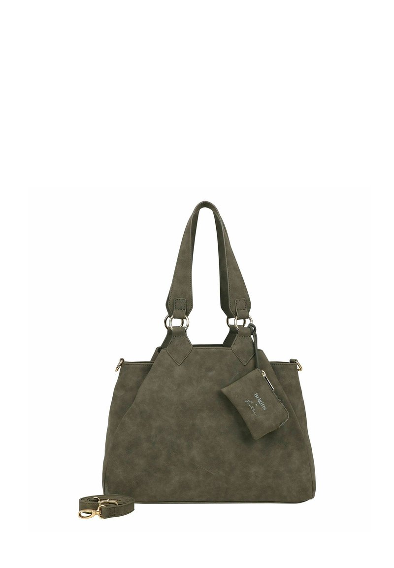 Borsa tote in ecopelle verde oliva con hardware dorato, manici corti e pochette removibile. Finitura texturizzata e forma angolare.
