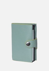 Light blue leather wallet with a textured finish, magnetic snap closure, and contrasting yellow stitching, features card slots inside.