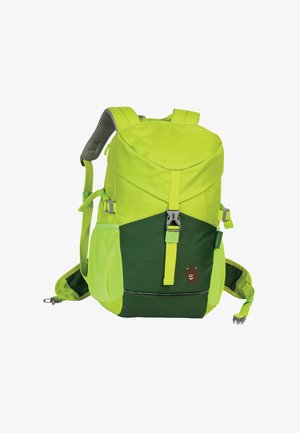 Groene en felgele rugzak, gemaakt van duurzaam materiaal. Kenmerkt een berenafbeelding, mesh gewatteerde schouderbanden en verstelbare gespen.