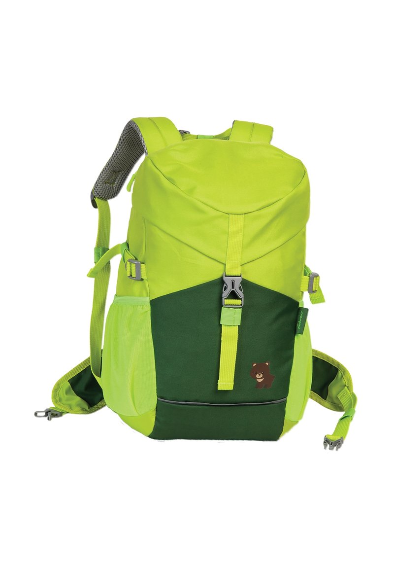 Sac à dos vert et jaune vif, fabriqué en tissu durable. Présente un graphisme d'ours, des bretelles en mesh rembourrées et des boucles ajustables.