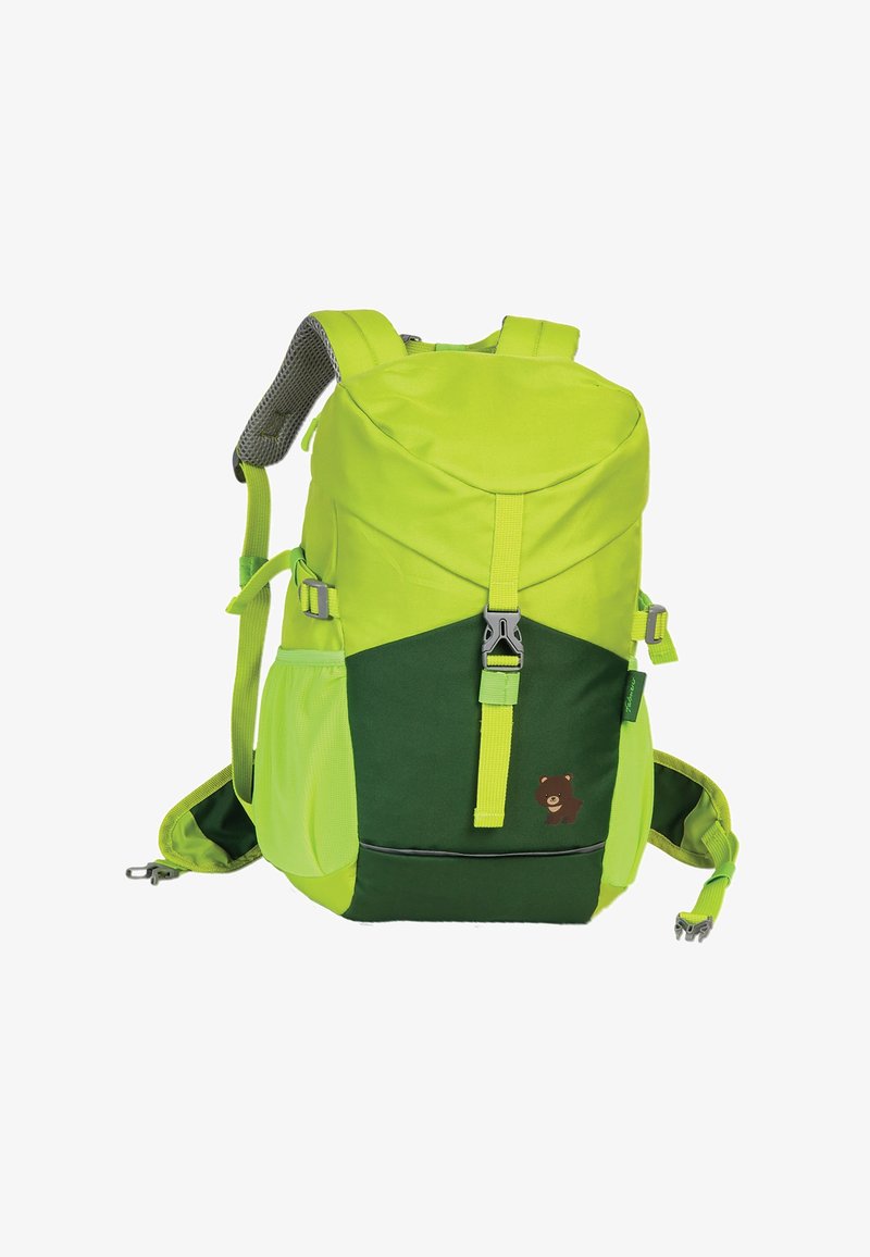Sac à dos vert et jaune vif, fabriqué en tissu durable. Présente un graphisme d'ours, des bretelles en mesh rembourrées et des boucles ajustables.