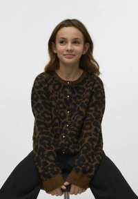 Cardigan med leopardmönster i brunt och svart, med rund halsringning, knapplås och ribbade ärmslut. Materialet verkar mjukt och texturerat.