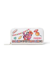 Portafoglio in pelle bianca con grafiche colorate di piñata e caramelle, zip dorata, dettagli in piastrelle decorative e la parola "FIESTA!" in rosa.