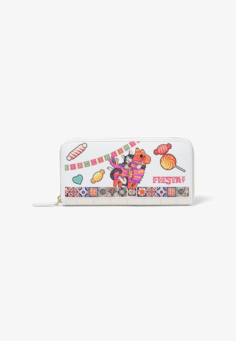 White leather wallet featuring colorful piñata and candy graphics, gold zipper, decorative tile accents, and the word "FIESTA!" in pink.