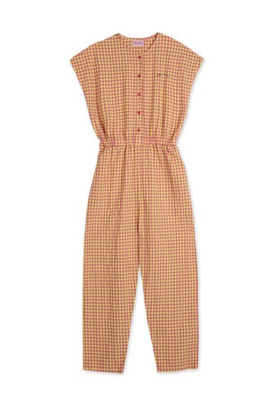 Monos de cuadros con patrón de gingham en rosa y amarillo, de manga corta, con botones en la parte delantera y cintura elástica para un ajuste relajado.