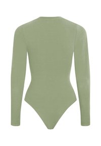 Body a maniche lunghe in tessuto verde chiaro con texture liscia, caratterizzato da un collo rotondo e una silhouette aderente, che si stringe nella parte inferiore.