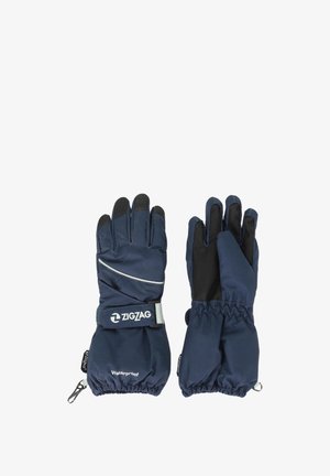Gants imperméables de couleur marine avec une prise texturée noire, poignet élastique et bande réfléchissante. Comprend un logo et une sangle réglable pour un ajustement optimal.