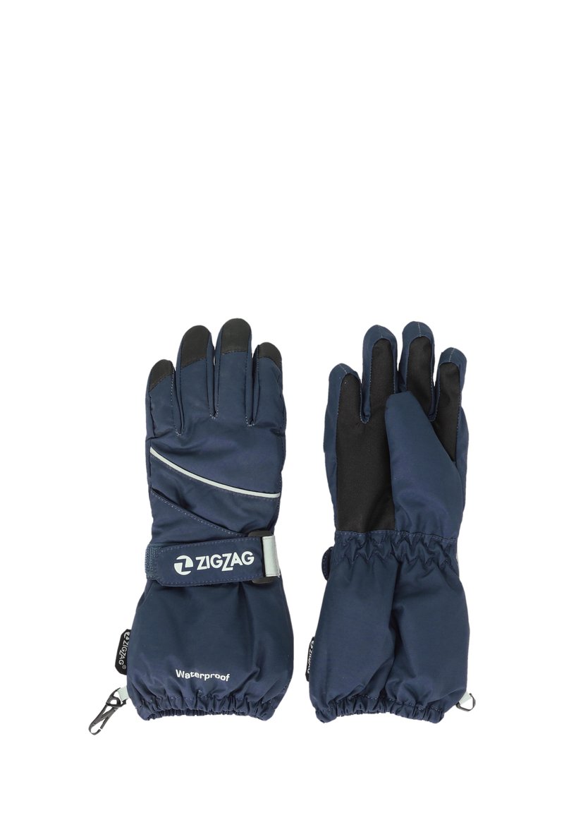 Marina vattentäta handskar med svart texturerat grep, elastisk handled och reflekterande rand. Har varumärke och justerbar rem för passform.