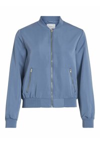 Blue bomber jacket made of smooth fabric, featuring a front zipper closure, ribbed cuffs, and two zippered pockets. Simple, classic design.