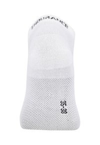 Hvid sportssok med en åndbar mesh-struktur. Har sort branding og et mønster i bunden. Let polstret sål.