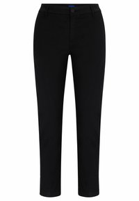 Pantalon noir en coton, avec une coupe droite, une taille standard avec un bouton, et une texture lisse.