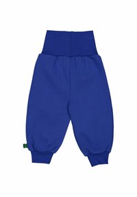 Pantaloni di cotone blu con una cintura larga a coste, polsini elasticizzati e un piccolo dettaglio verde sul lato. Tessuto liscio, vestibilità comoda.