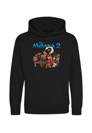 Czarna bluza z kapturem z logo Moana 2 i sześcioma animowanymi postaciami stojącymi w rzędzie, w tym dziewczynką, dużym mężczyzną i małą białą świnką.