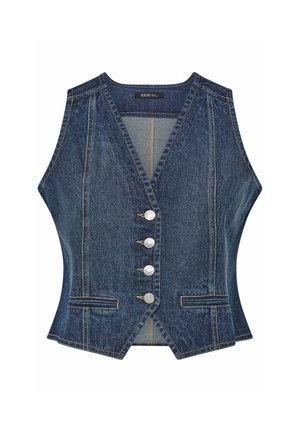 Ärmellose dunkelblaue Jeansweste mit V-Ausschnitt, vier silbernen Knöpfen vorne und zwei dekorativen Fronttaschen.