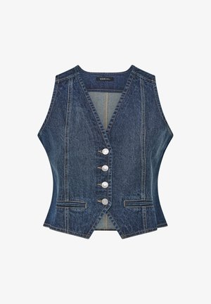 Ärmellose dunkelblaue Jeansweste mit V-Ausschnitt, vier silbernen Knöpfen vorne und zwei dekorativen Fronttaschen.