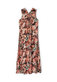 Rochie fără mâneci, cu un detaliu în nod la spate, confecționată dintr-un material cu model floral în nuanțe de corai, negru și teal.