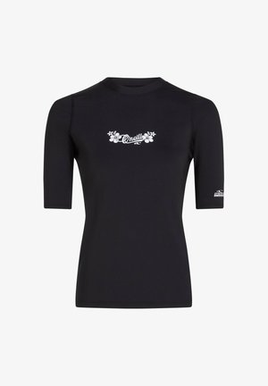 Black short-sleeve wetsuit top with white floral O'Neill logo on chest and small Skins logo on left sleeve.