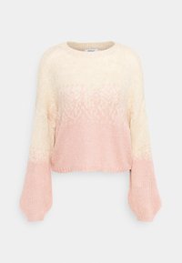 Sweter dziergany w kolorze kremowym i różowym, o skróconym kroju, z luźnymi rękawami i gradientowym przejściem kolorów od jasnego beżu do delikatnego różu.
