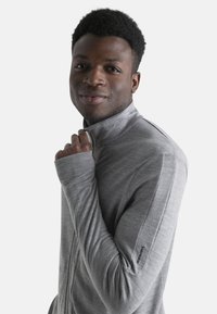 Gray, long-sleeve zip-up top with a high collar. Features fitted sleeves and thumbholes. Smooth texture and subtle stitching details.