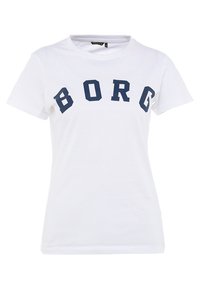 Biała bawełniana koszulka z okrągłym dekoltem i wyraźnym granatowym napisem „BORG” na przodzie, krótkimi rękawami i klasycznym krojem.