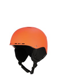 Mat orange hjelm med sort polstring og justerbar hagespænde. Har ventilationsåbninger og en glat, rund form.