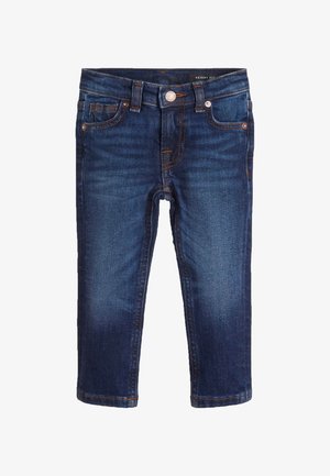 Mørkeblå stramme børnejeggings med knap foran, bæltestropper og design med fem lommer.