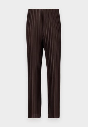 Καφέ πλισέ παντελόνια με ελαasticκή μέση, που διαθέτουν κατακόρυφες γραμμές, ίσια γραμμή και ελαφριά, ρέουσα υφή υφάσματος.
