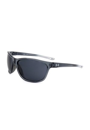 Occhiali da sole sportivi Under Armour neri e grigi con lenti scure avvolgenti e astine curve ed eleganti.