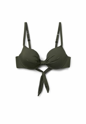 Tmavě zelený podšitý bikiny top s nastavitelnými ramenními popruhy a detailem uzlu na přední straně.