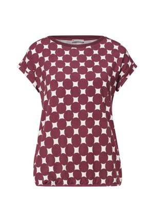 Top met korte mouwen in kastanjebruin en wit met een ronde hals en geometrisch cirkelpatroon, met elastische zoom aan de onderkant.