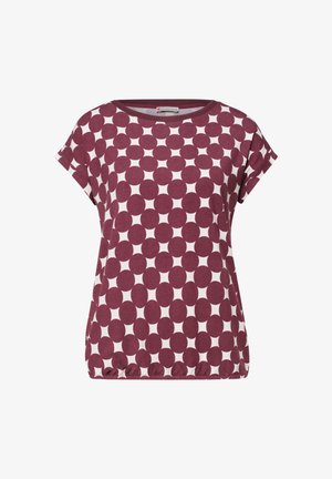 Kurzärmeliges bordeaux-weißes Oberteil mit rundem Ausschnitt und geometrischem Kreisdesign, mit elastischem Saum am unteren Rand.