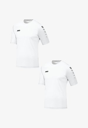 White short-sleeve sports t-shirts made from breathable fabric. Features black logo and accents on sleeves with circular gray patterns.