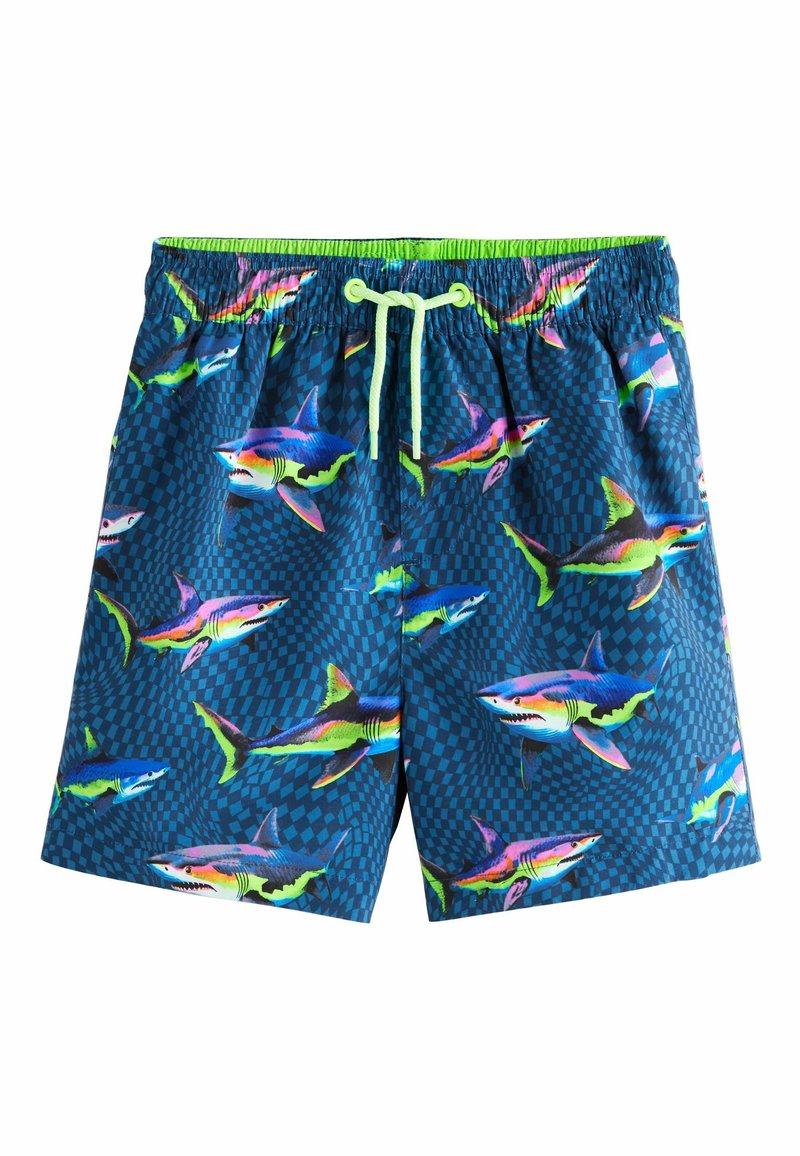 Shorts de bain bleus avec un motif à damier ondulé et des requins néon colorés, dotés d'une taille élastique lime verte et d'un cordon de serrage.