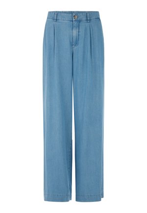 Light blue wide-leg denim pants with pleats, belt loops, button closure, and stitched hems.