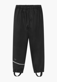 Black waterproof pants with an elastic waistband, reflective stripe, and adjustable ankle loops. Smooth, lightweight material.