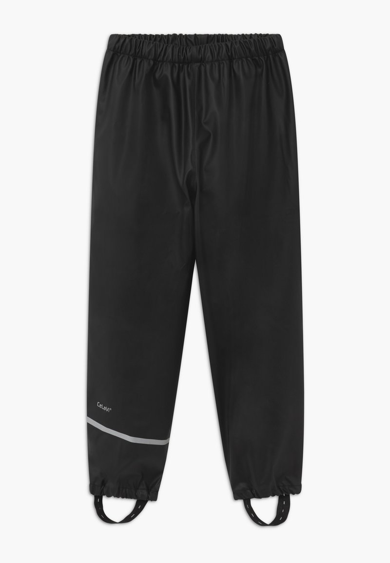 Black waterproof pants with an elastic waistband, reflective stripe, and adjustable ankle loops. Smooth, lightweight material.