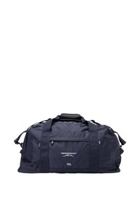 Borsa da trasporto navy, capacità di 50 litri, realizzata in tessuto resistente, dotata di doppi manici superiori, di una tracolla regolabile e di una tasca frontale con zip.