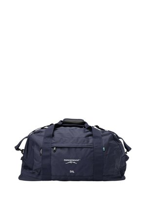 Navy duffel bag, 50L capacity, made of durable fabric, featuring dual top handles, an adjustable shoulder strap, and a front zipper pocket.